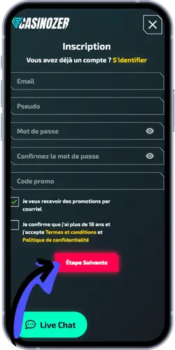 Formulaire d'inscription Casinozer avec champs email et mot de passe